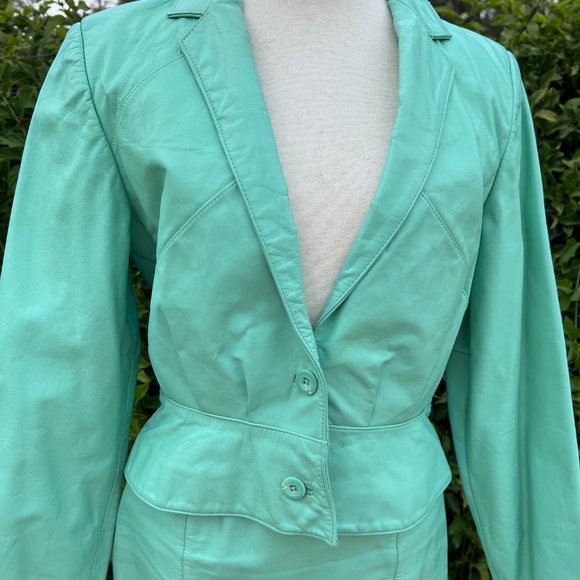 80's Mint Green Leather Jacket & Skirt - Size 10 & 4- Wilsons Suede & Leather - Picture 11 of 14